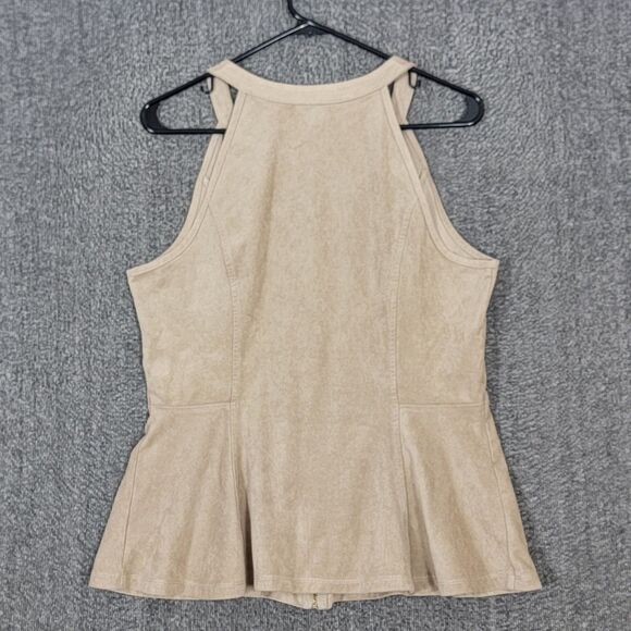 Guess Top Womens XL Tan Faux Suede Sleeveless V Neck Halter Zip Front Peplum - Picture 7 of 11